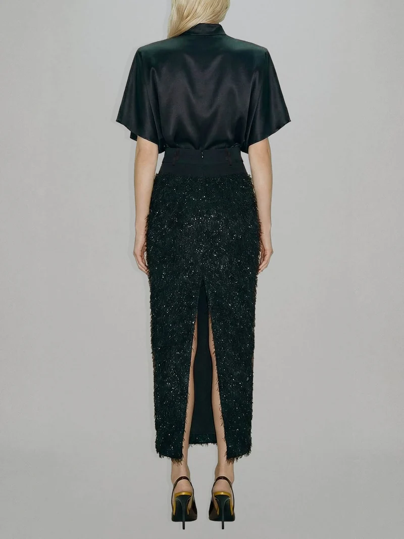 Elegant Satin Top & Sequin Feather Midi Skirt Two-Piece Set