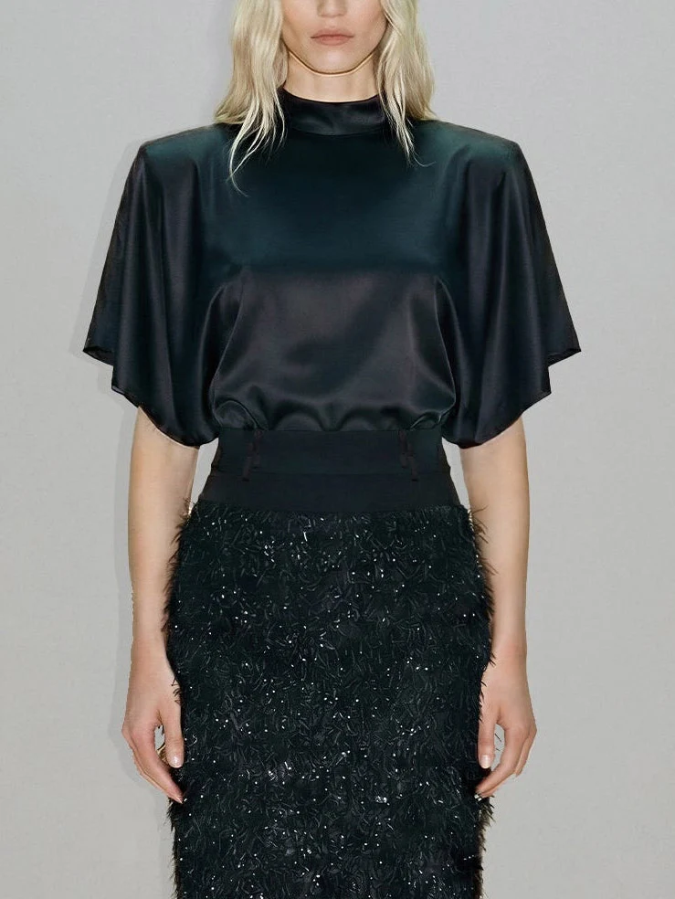 Elegant Satin Top & Sequin Feather Midi Skirt Two-Piece Set