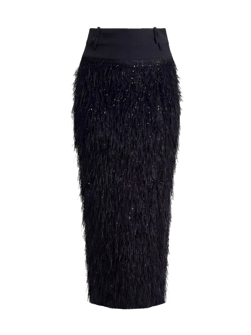 Elegant Satin Top & Sequin Feather Midi Skirt Two-Piece Set