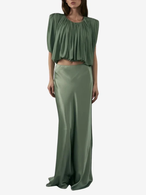 Elegant Ruched Crop Top & Satin Midi Skirt Set