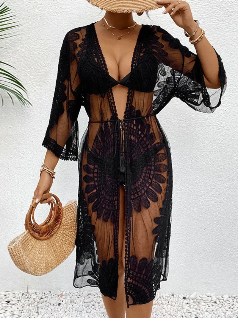 Cache-maillot long ouvert en dentelle