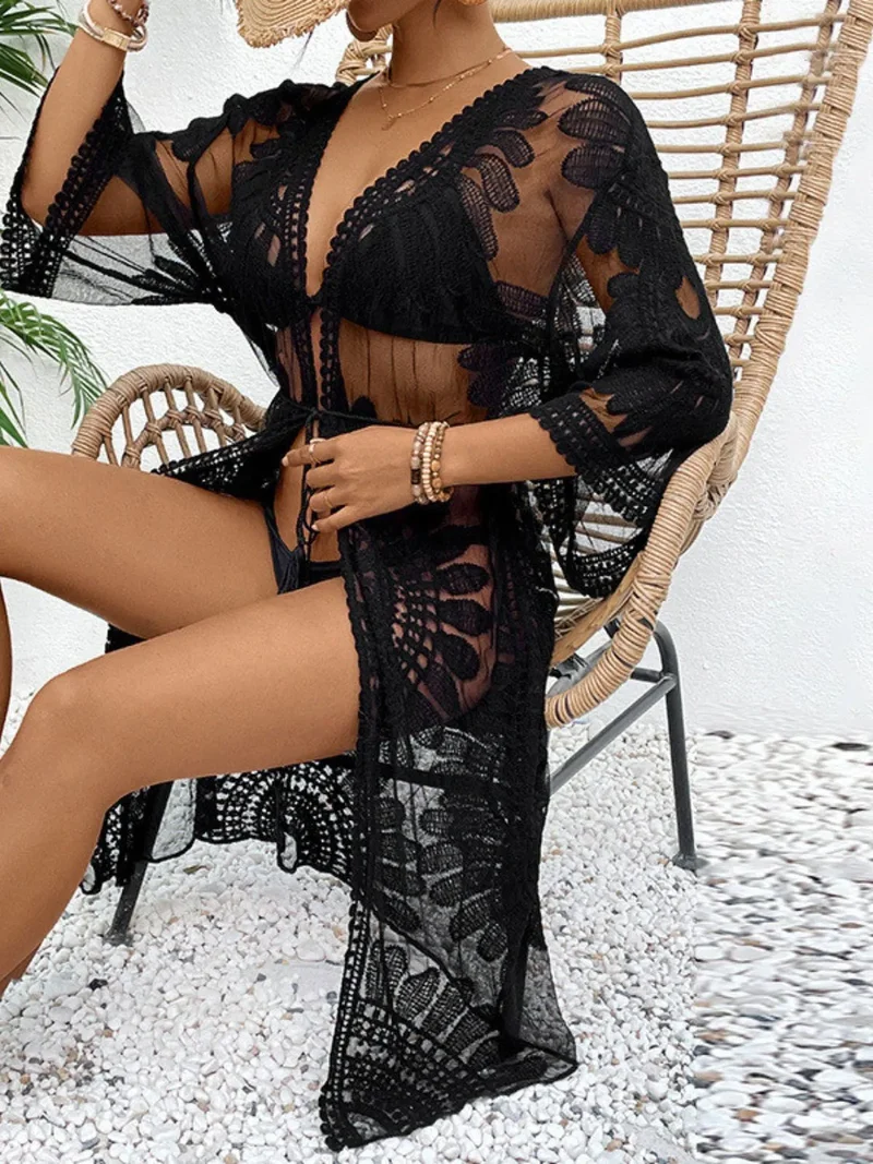 Cache-maillot long ouvert en dentelle