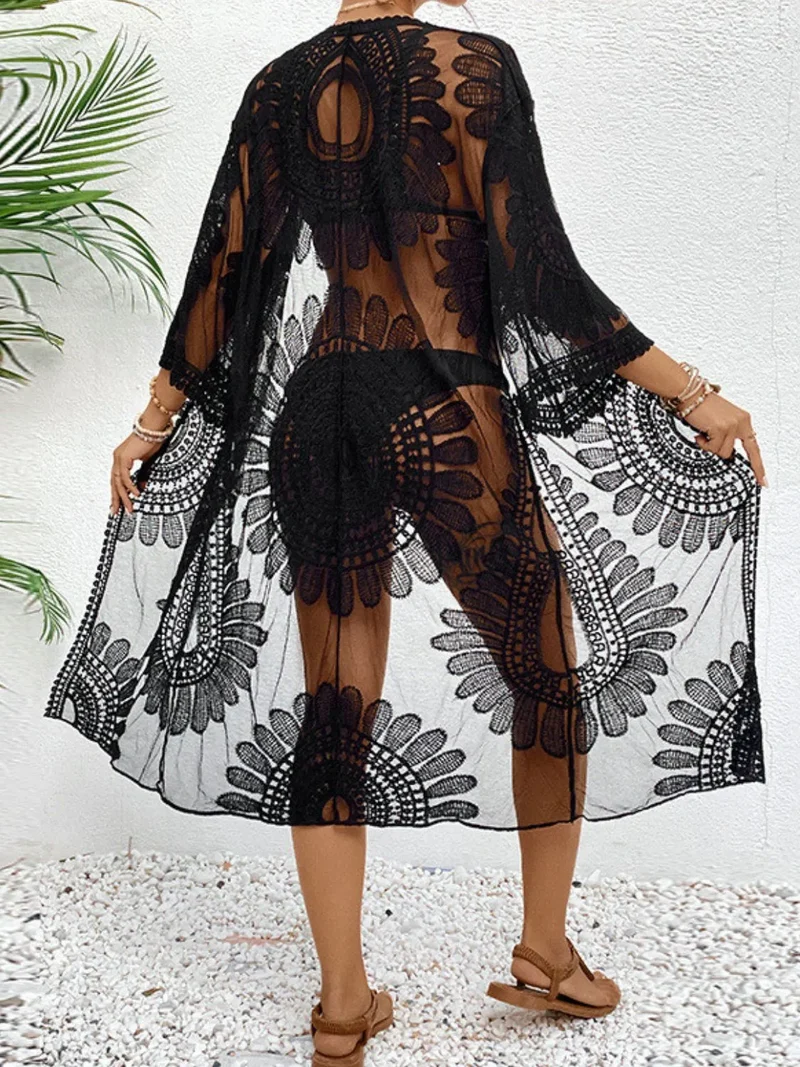 Cache-maillot long ouvert en dentelle