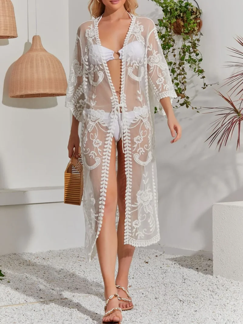Cache-maillot long ouvert sur le devant avec détails en dentelle