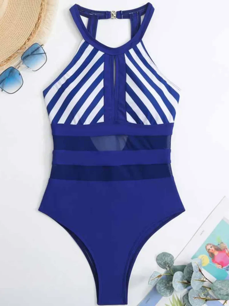 Maillot de bain une pièce rayé dos nu avec détails en maille