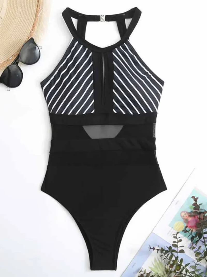 Maillot de bain une pièce rayé dos nu avec détails en maille