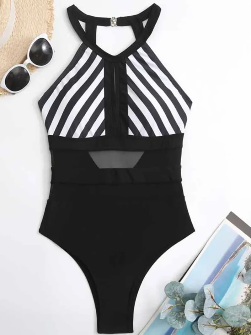 Maillot de bain une pièce rayé dos nu avec détails en maille