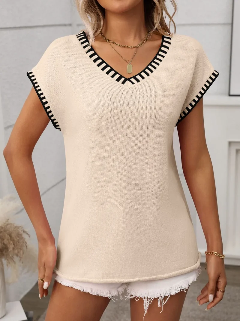 Haut en tricot à col en V et bordure contrastée