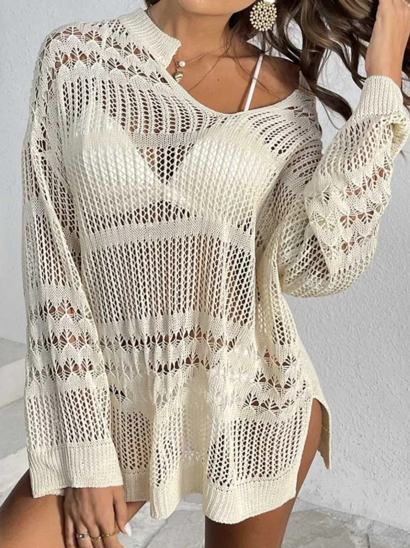 Cache-maillot en tricot à manches longues et crantées ajourées