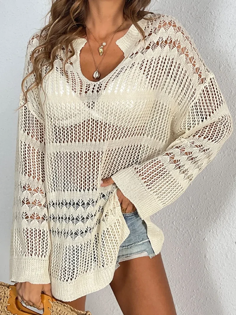 Cache-maillot en tricot à manches longues et crantées ajourées