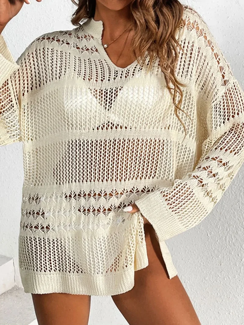 Cache-maillot en tricot à manches longues et crantées ajourées