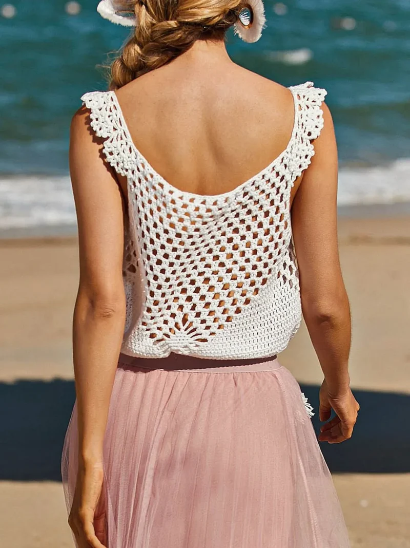 Cache-maillot en tricot sans manches ajouré à pompons