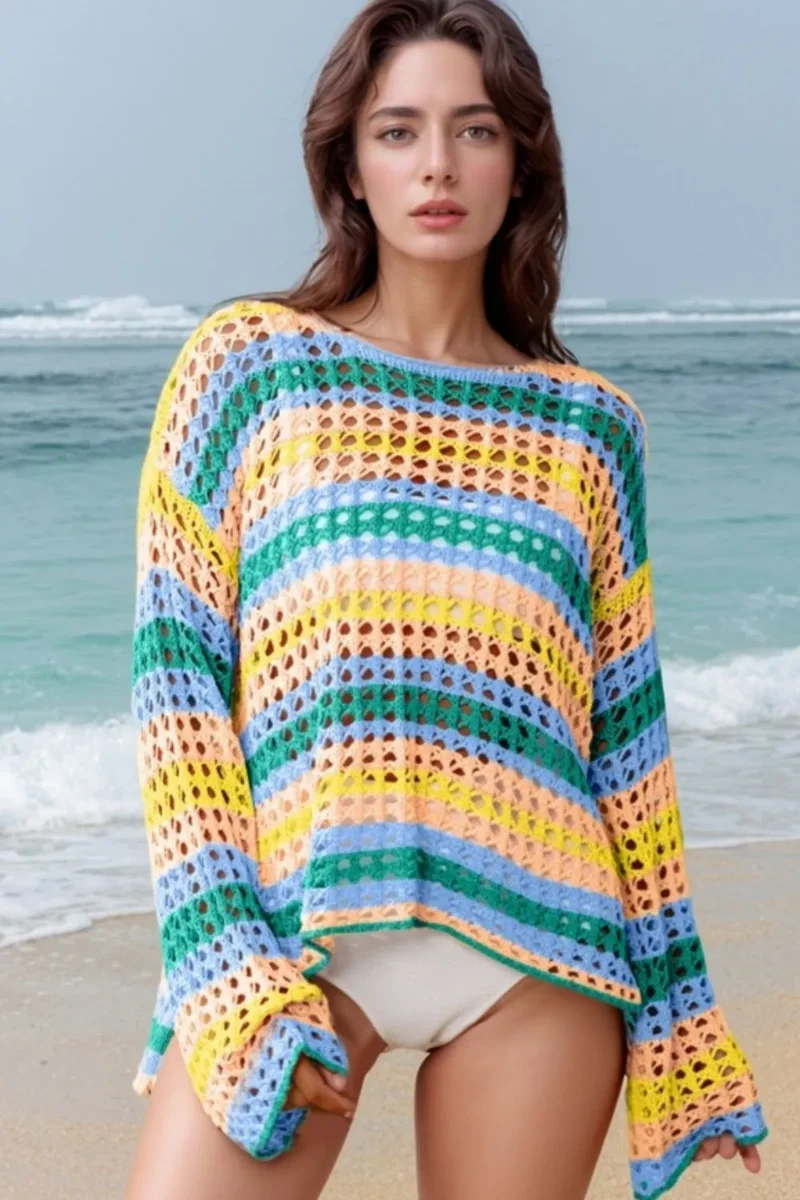 Cache-maillot en tricot ajouré à col rond et manches longues