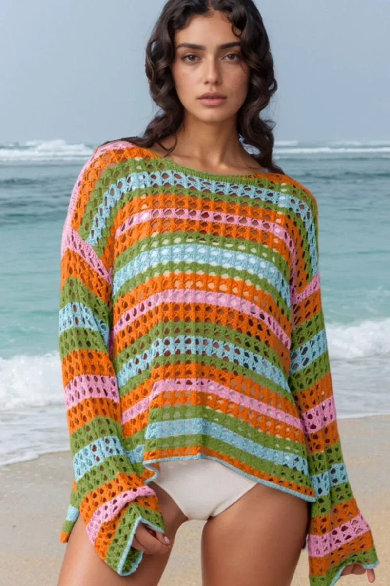 Cache-maillot en tricot ajouré à col rond et manches longues