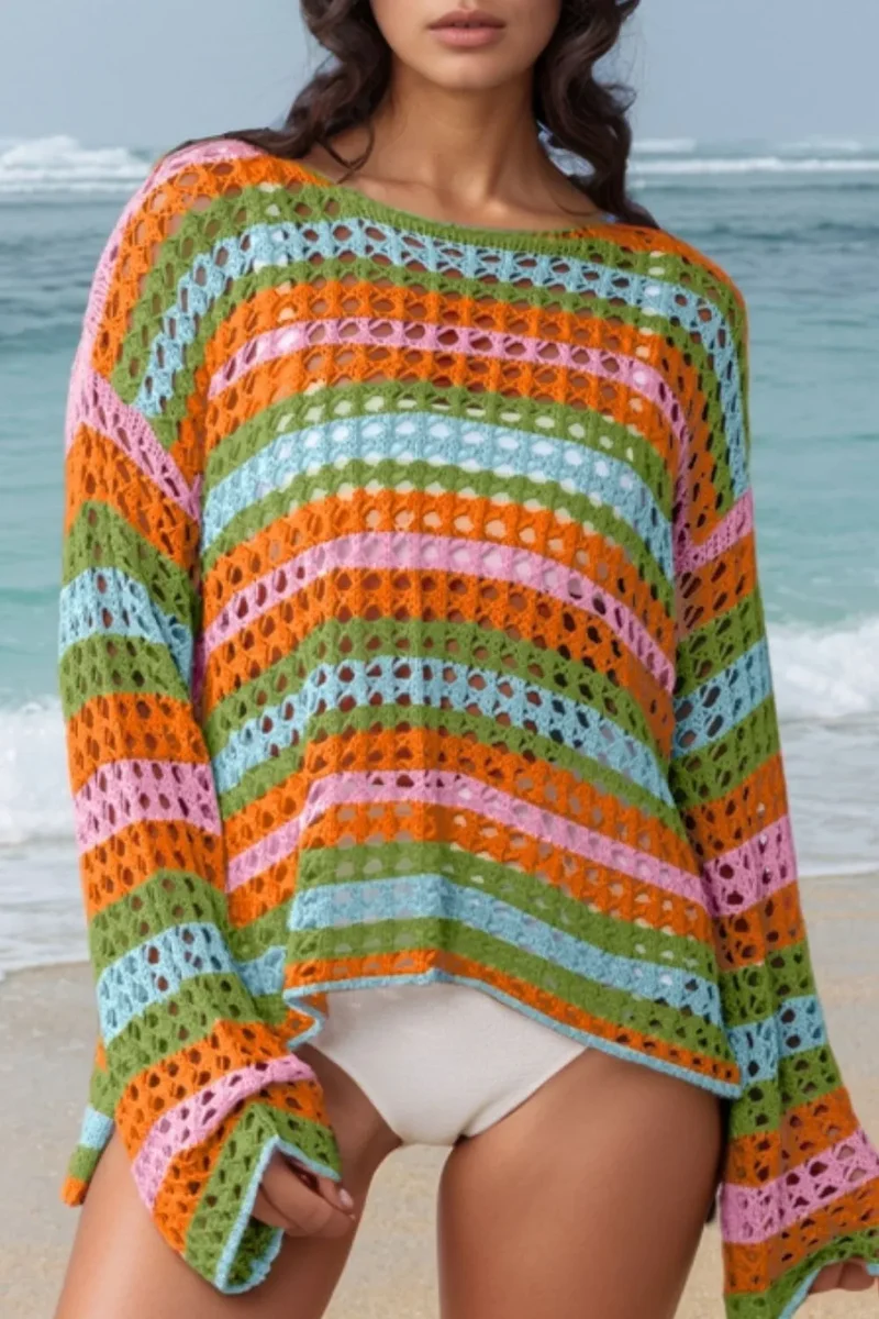 Cache-maillot en tricot ajouré à col rond et manches longues