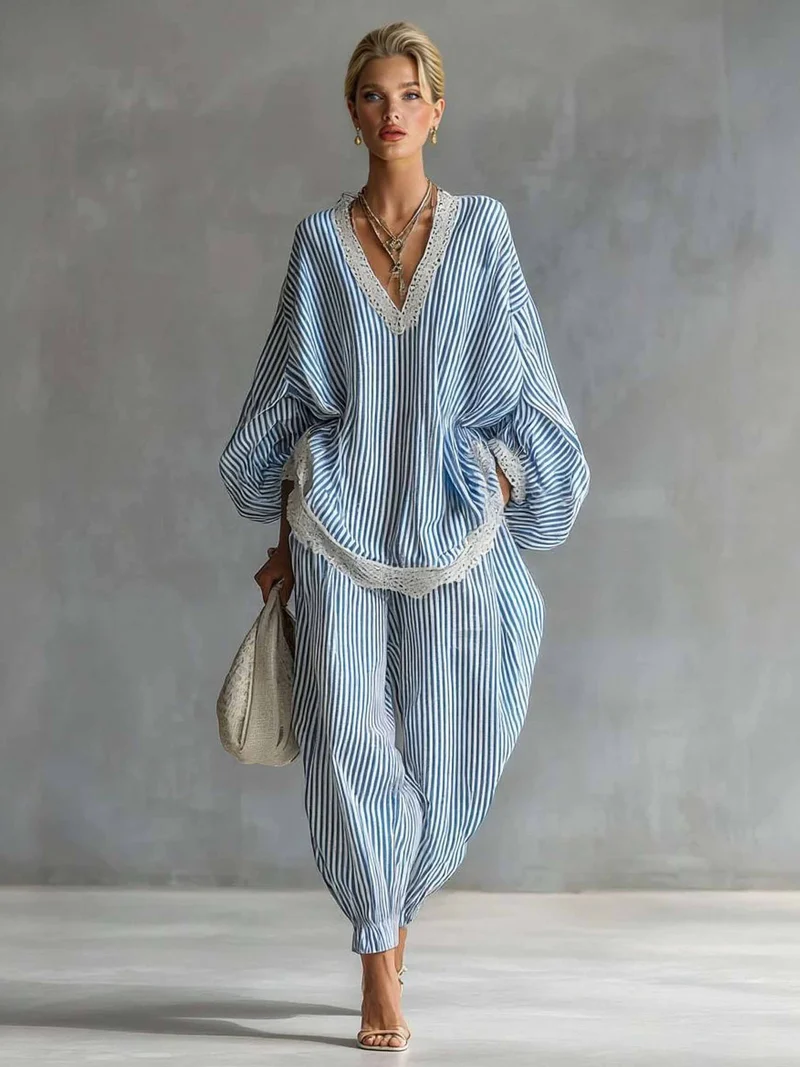 Casual Striped Batwing Sleeve Top & Drawstring Jogger Pants Two-Piece Set