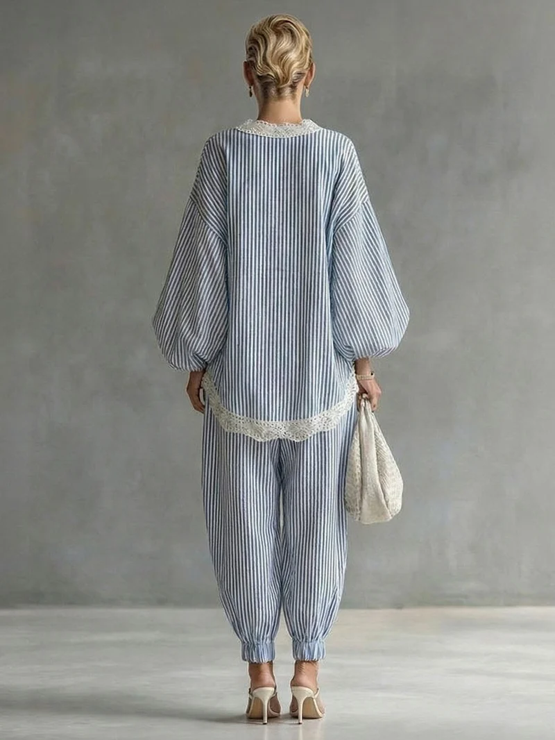 Casual Striped Batwing Sleeve Top & Drawstring Jogger Pants Two-Piece Set