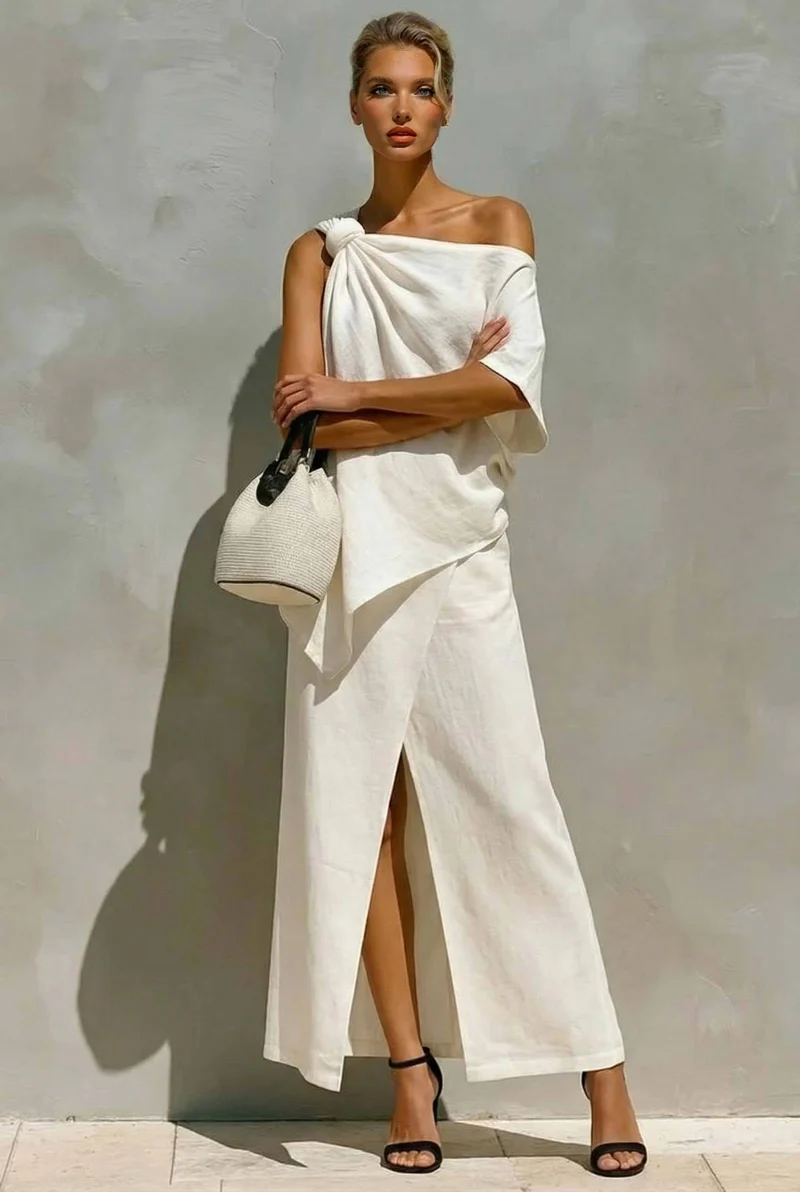 Off-Shoulder Top And Slit Skirt Suit