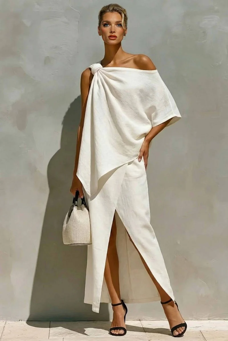 Off-Shoulder Top And Slit Skirt Suit
