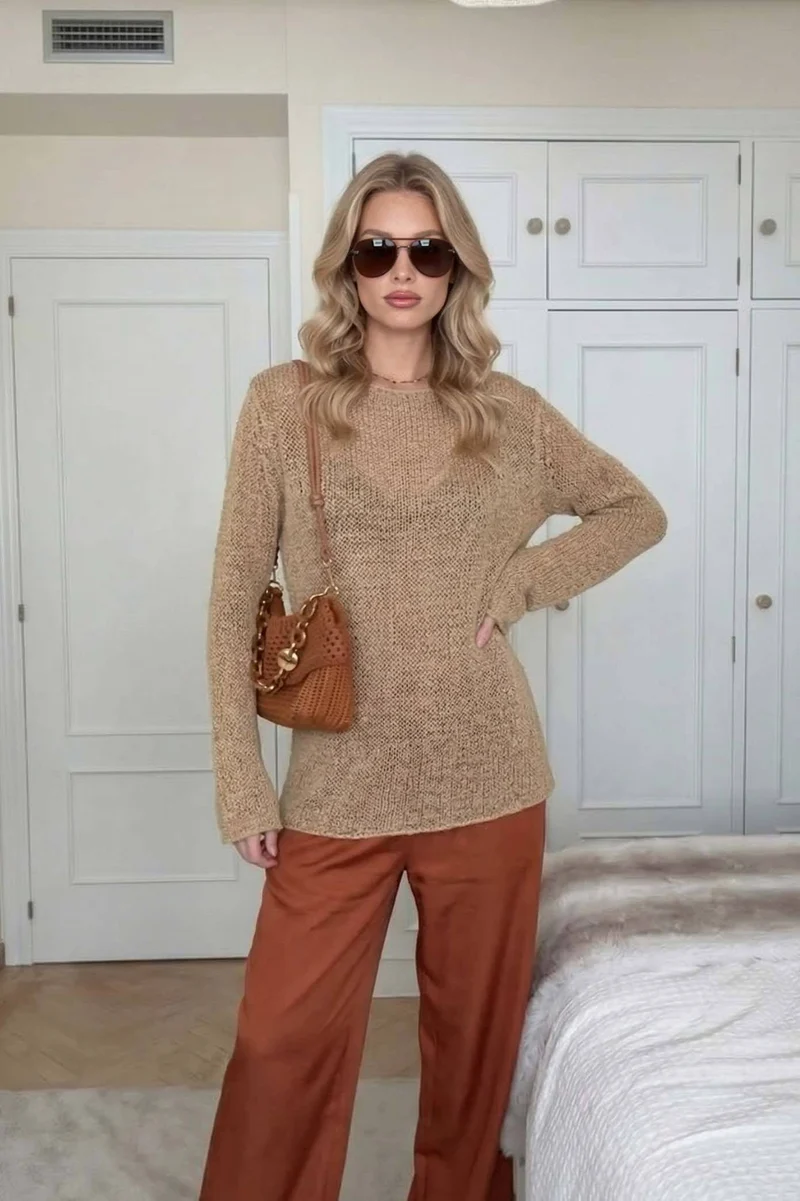 Knit Top Drawstring Wide Leg Pants Set