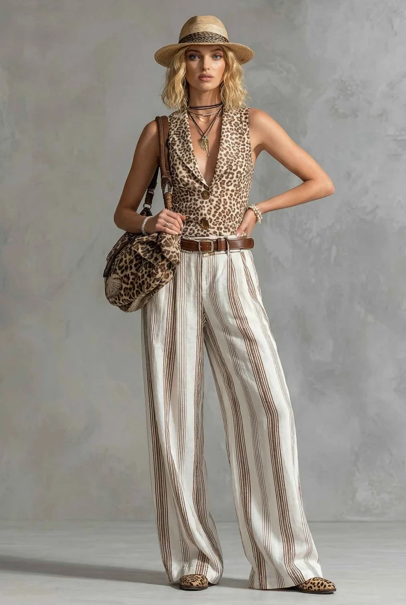 Leopard-Print Vest and Striped Wide-Leg Pants Set