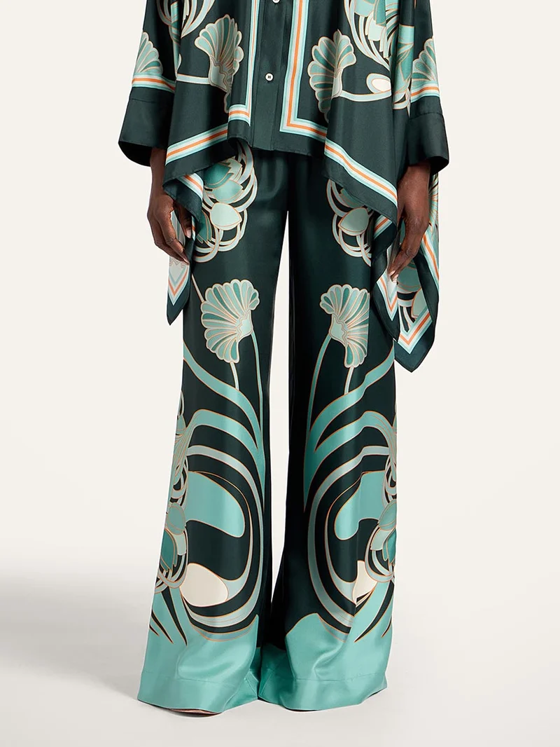 Elegant Abstract Print Satin Shirt & Wide Leg Pants Set