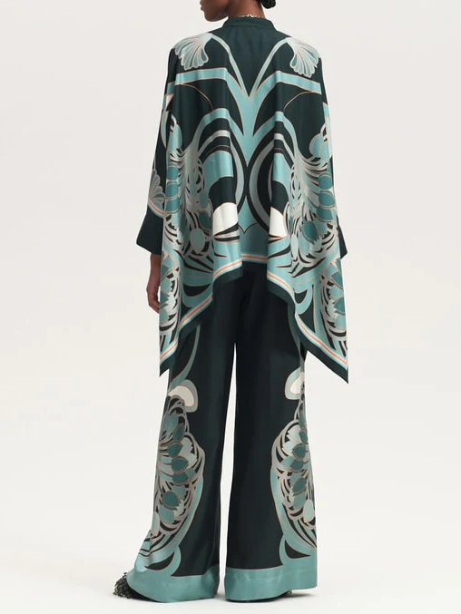 Elegant Abstract Print Satin Cape Sleeve Shirt