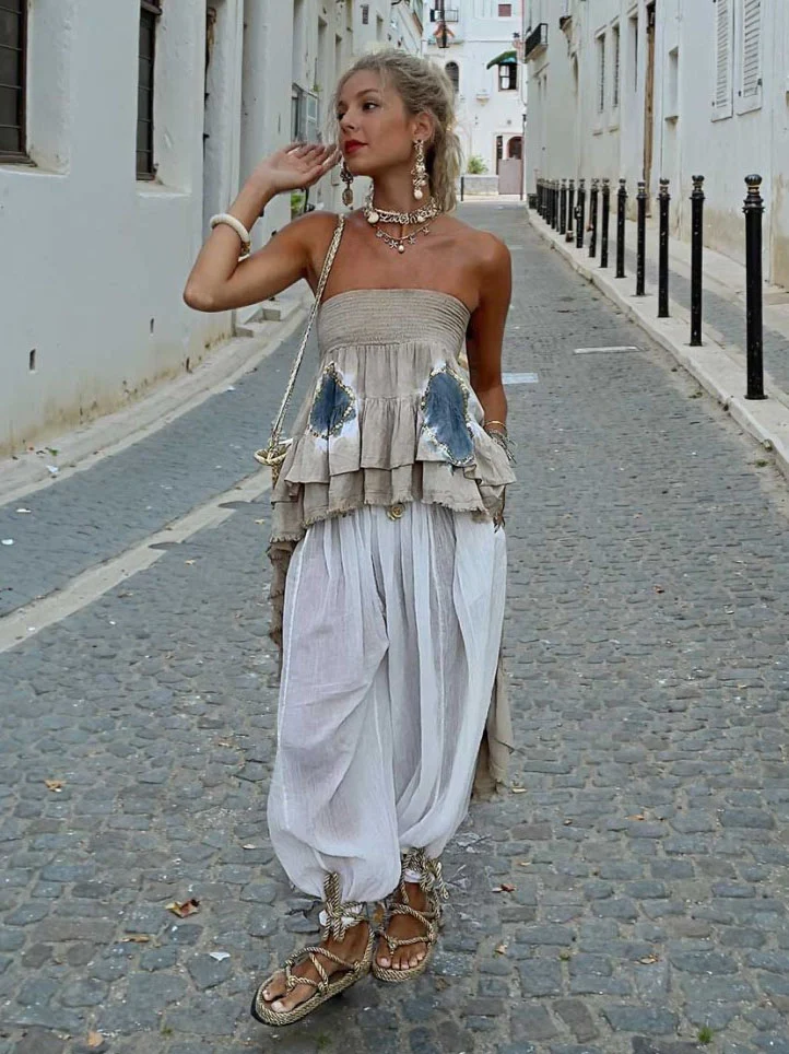 Bohemian Style Layered Ruffled Strapless Two-piece Set