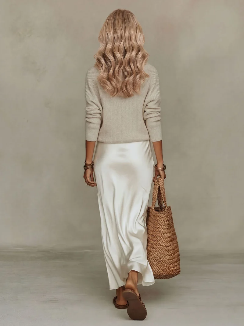 Elegant Knit V-Neck Sweater & Satin Slip Dress Two-Piece Set