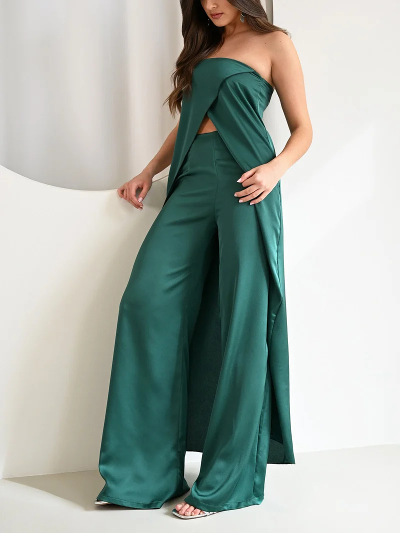 Elegant Strapless Satin Top & Pants Two-Piece Set