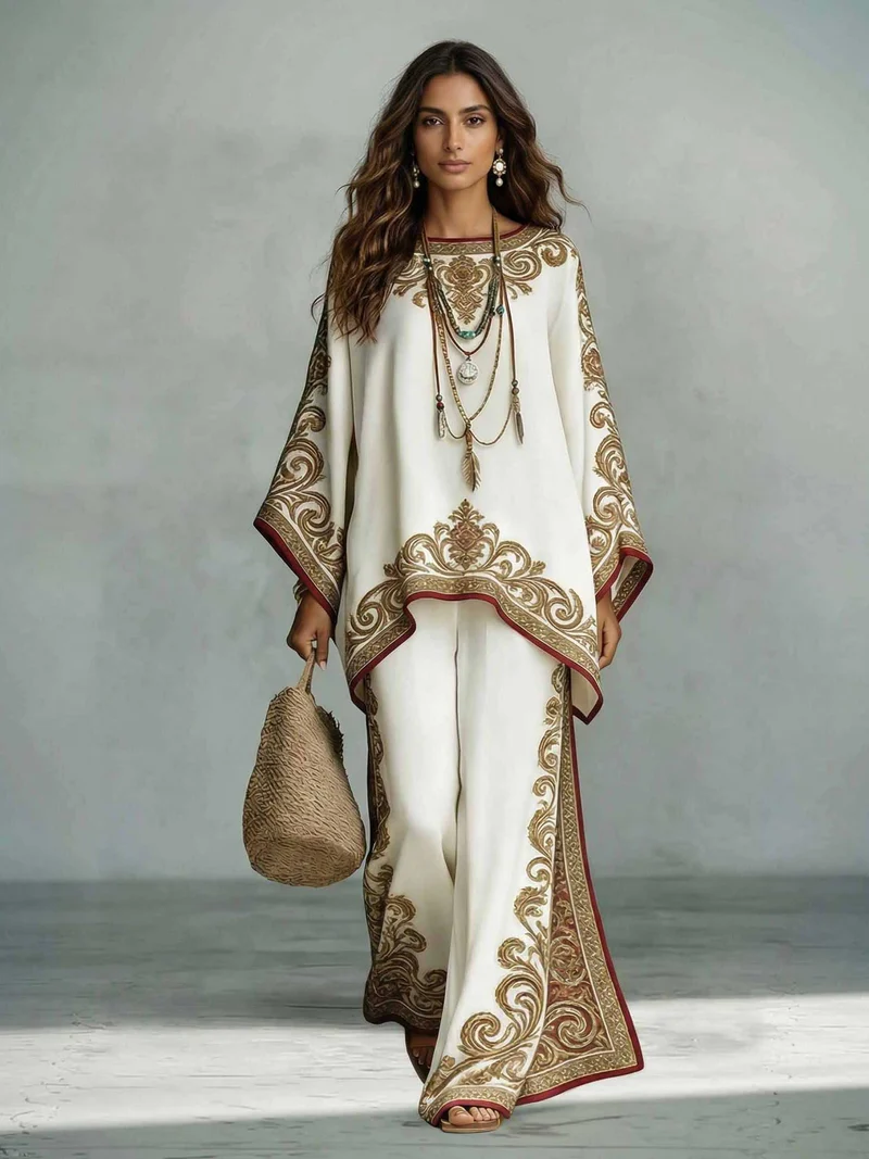 Elegant Satin Printed Oversized Shawl Top & Pants Two-Piece Set