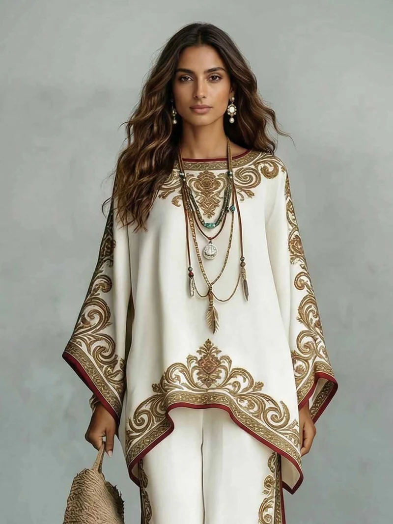 Elegant Satin Printed Oversized Shawl Top & Pants Two-Piece Set