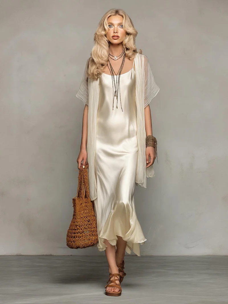 Elegant Satin Slip Dress & Sheer Tulle Cover-Up Two-Piece Set