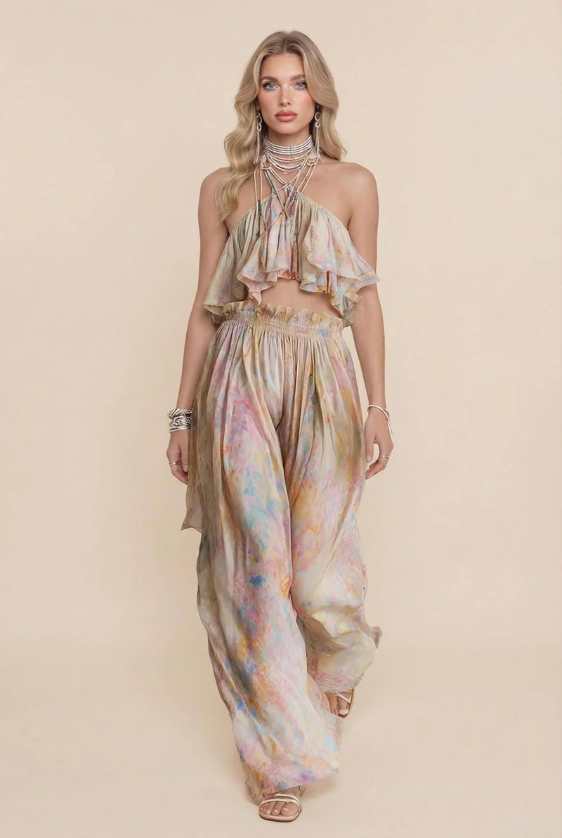 Printed Sling Top And Wide Leg Pants Set