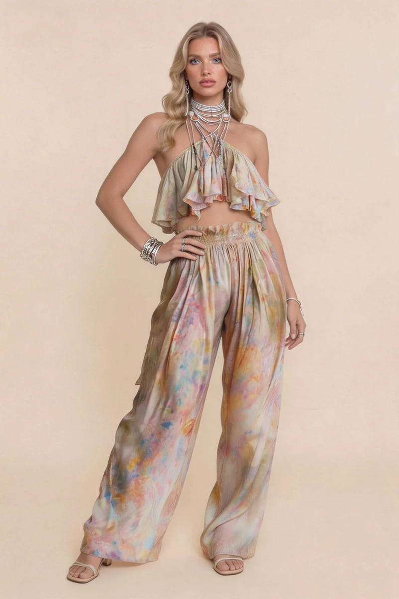Printed Sling Top And Wide Leg Pants Set