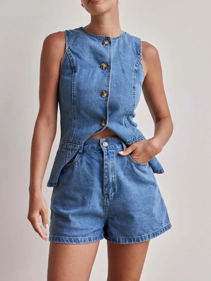 Ensemble gilet boutonné et short en jean