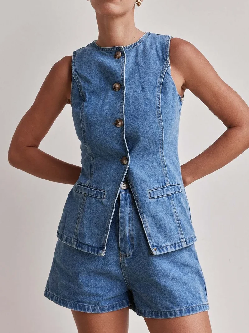 Ensemble gilet boutonné et short en jean