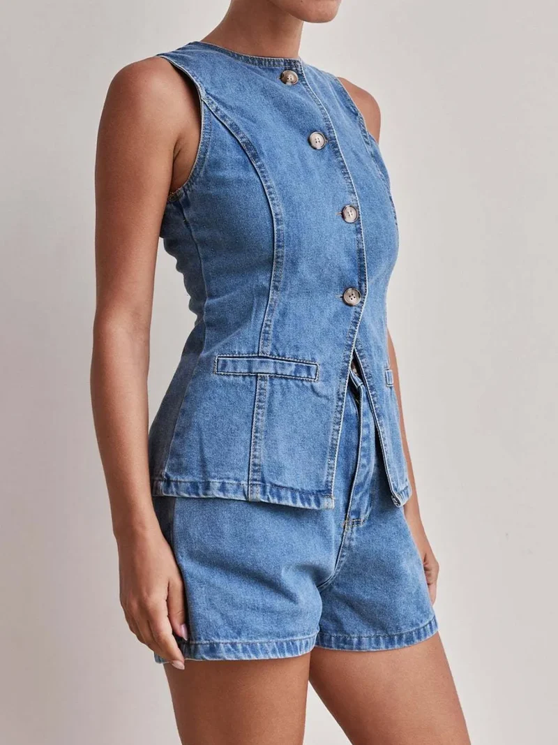 Ensemble gilet boutonné et short en jean
