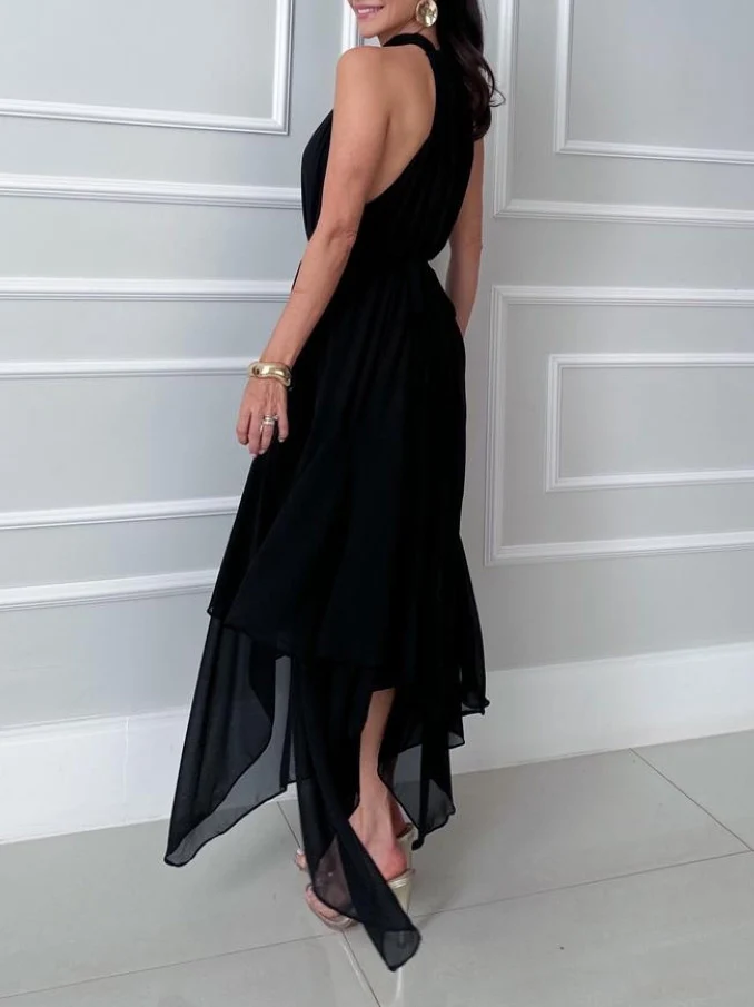 Elegant Backless Asymmetrical Ruffle Hem Chiffon Maxi Dress
