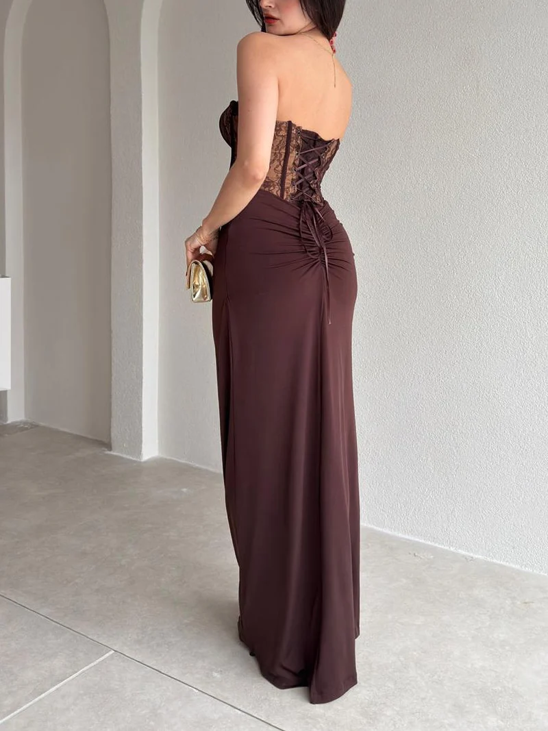 Elegant Strapless Lace Bodycon Maxi Dress