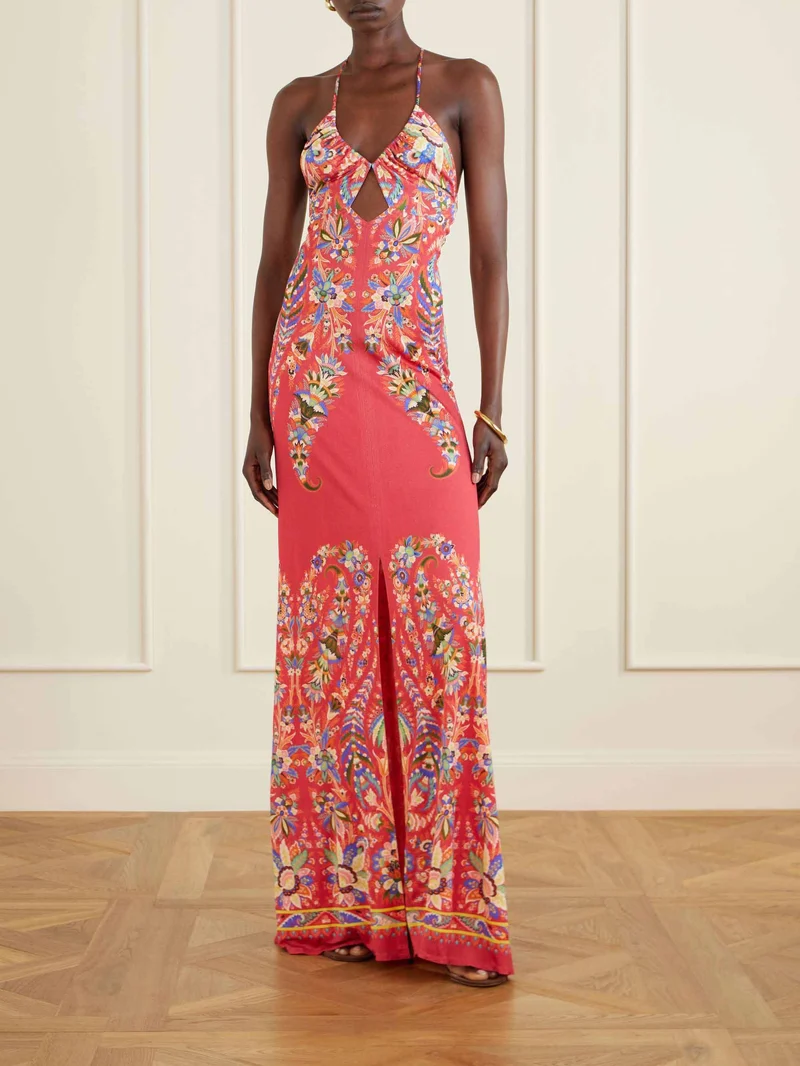 Cutout Halter Paisley Print Maxi Dress