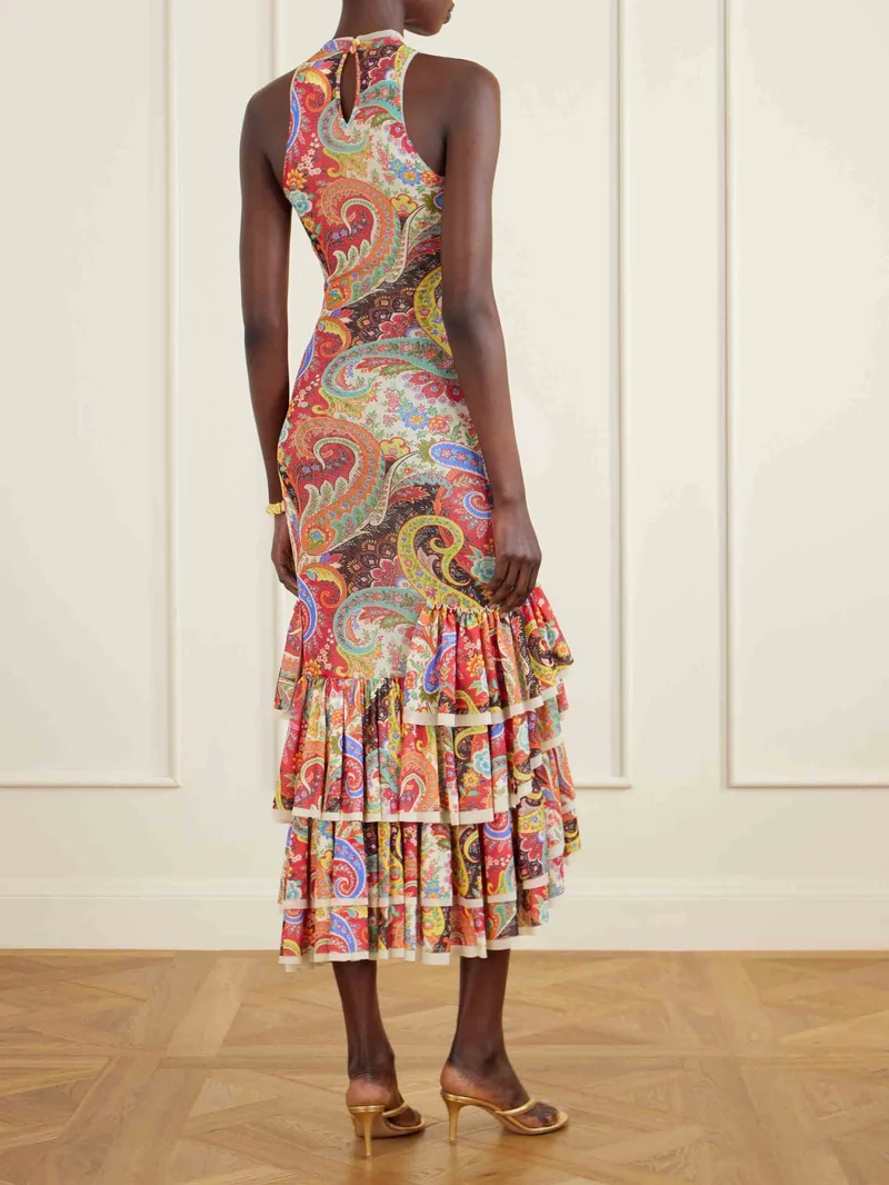 Colorful Paisley Print Ruffled Hem Halter Midi Dress