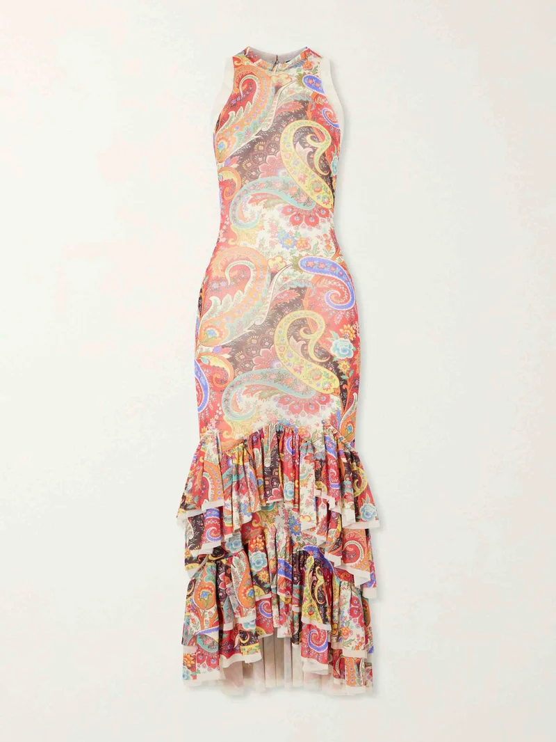 Colorful Paisley Print Ruffled Hem Halter Midi Dress