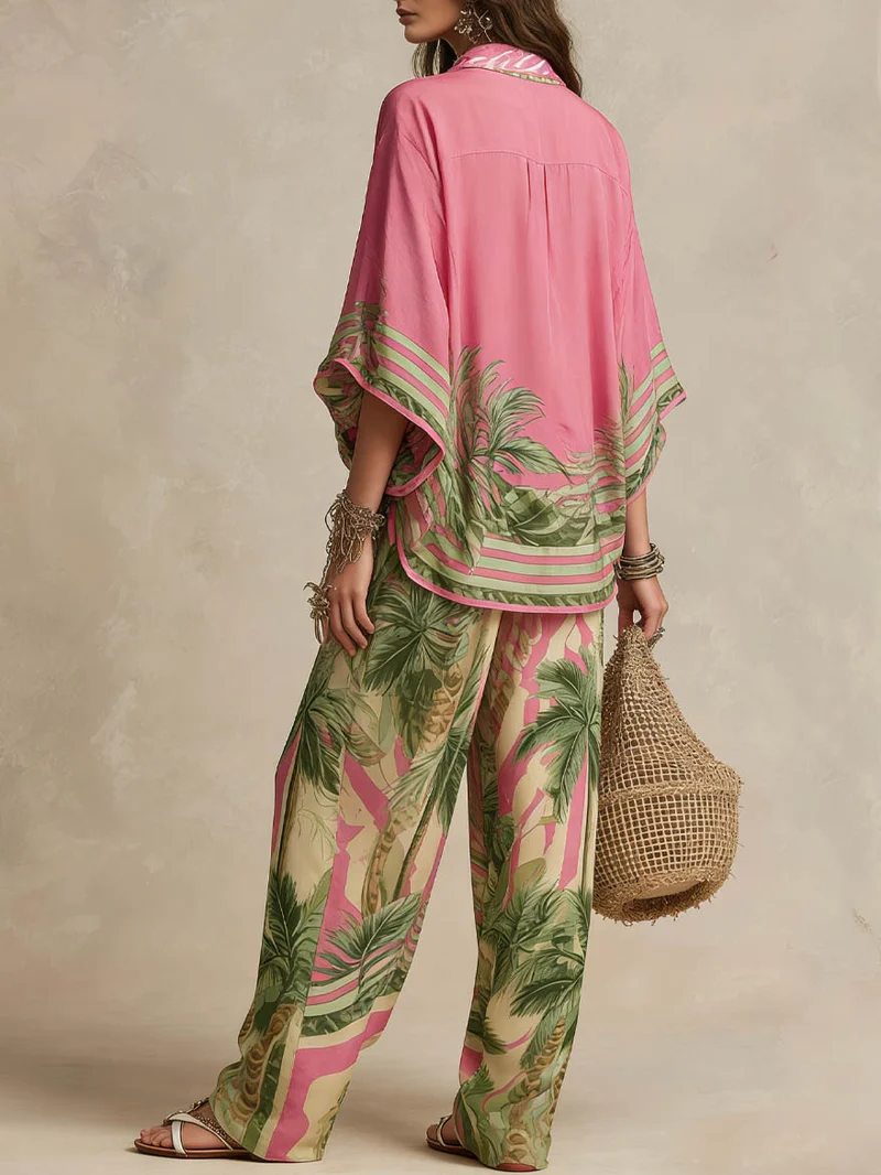 Bohemian Tropical Print Flowy Top & Wide-Leg Pants Two-Piece Set