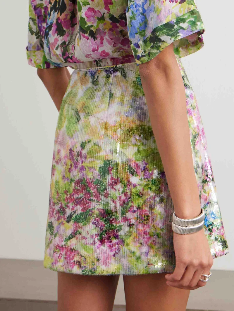 Elegant Floral Print Sequin Top & Skirt Two-Piece Set