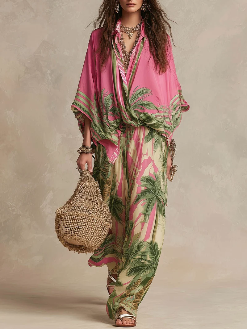 Bohemian Tropical Print Loose Batwing Sleeve Shirt