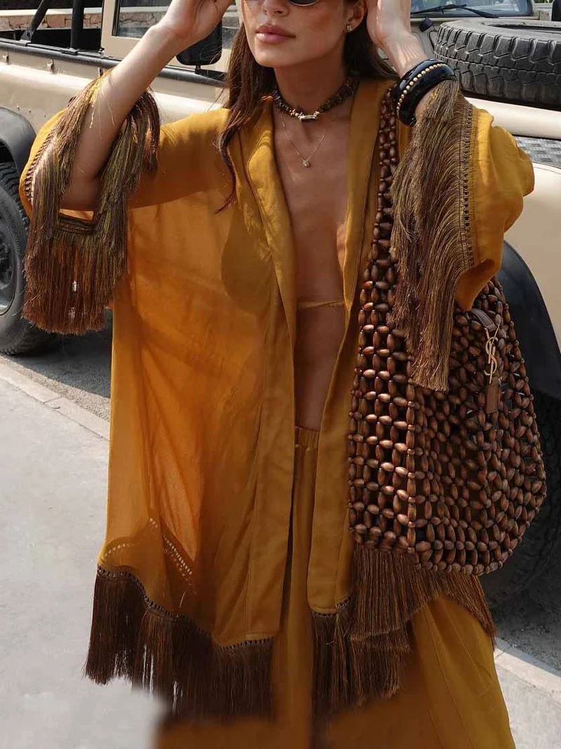 Elegant Palm Print Tassel Long-Sleeved Shirt