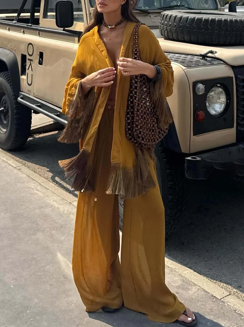 Elegant Drawstring Waist Wide-Leg Pants