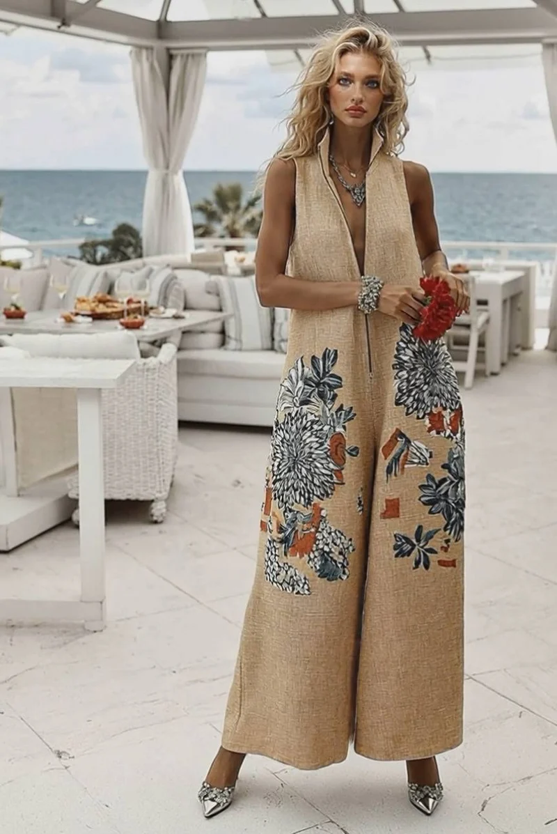 Stand Collar Printed Jumpsuit