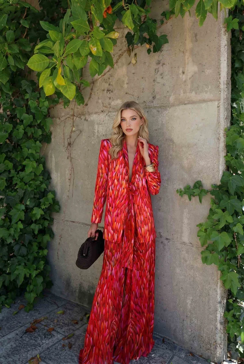 Unique Printed Blazer And Wide Leg Pants Set